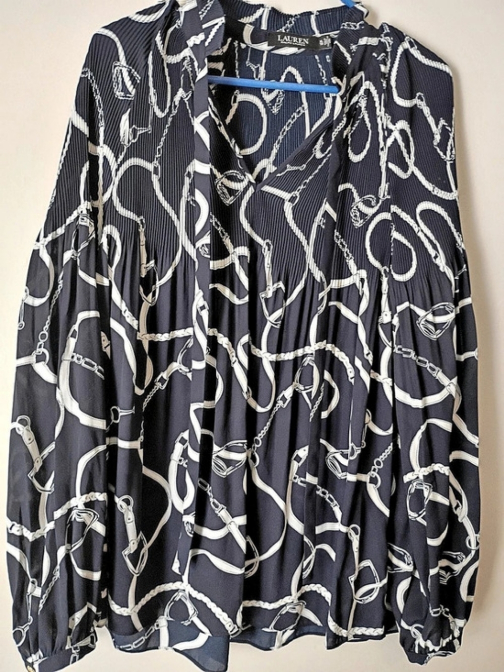 Lauren Ralph Lauren Chain Print Blouse in Blue & White XL Like New